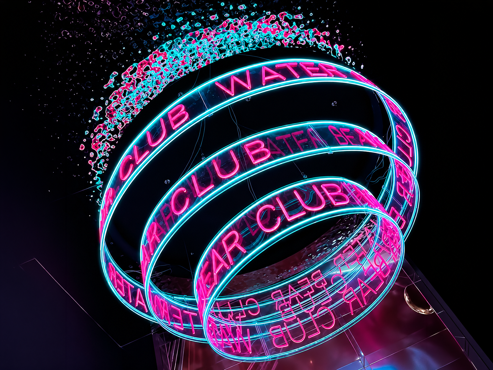 Custom suspended LED neon chandelier installation with illuminated acrylic rings and branding elements inside a nightclub venue.