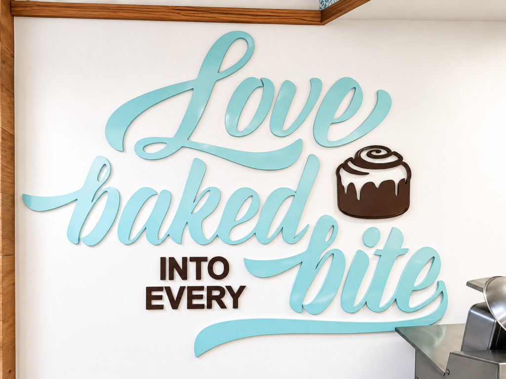 Custom acrylic cut letters and logo mounted on a bakery wall for interior branding and customer-facing displays.