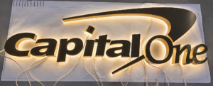 Reverse halo lit channel letters illuminated during fabrication and quality testing before installation.
