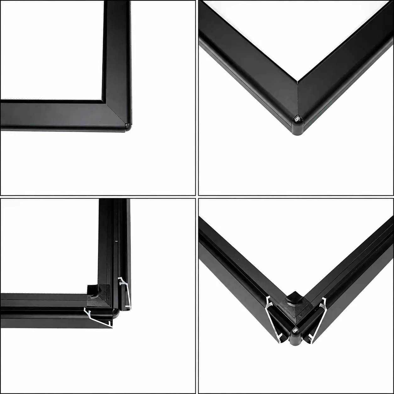 Black LED snap frame showing open and closed corner details