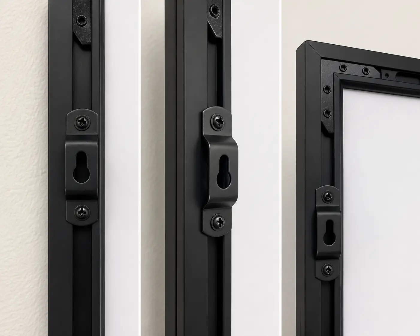 Black LED snap frame wall-mounting brackets and keyhole hardware