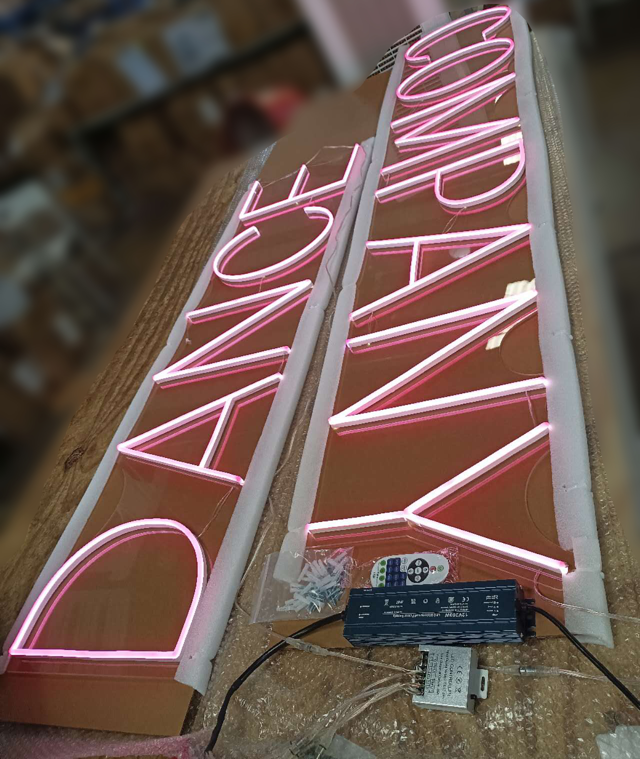 Machita Dance Company pink LED neon letters during workshop lighting test