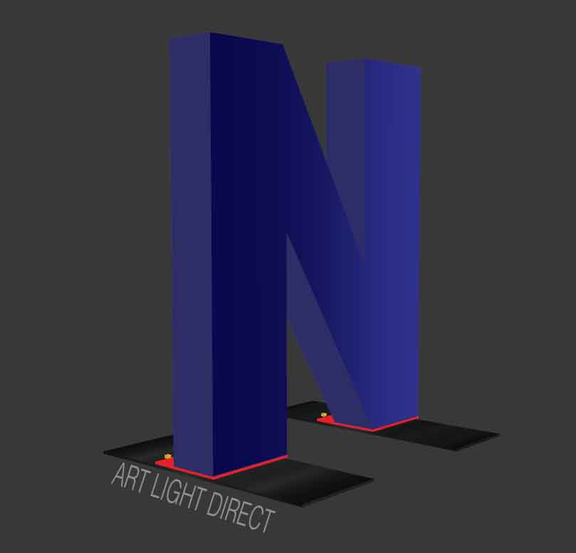 3D rendering of a freestanding NAM29 dimensional letter mounted on wide black support bases.