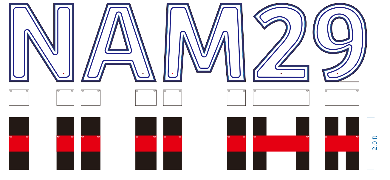Technical drawing of the custom illuminated event letters for NAM29, including front and side views and a 2-foot depth.
