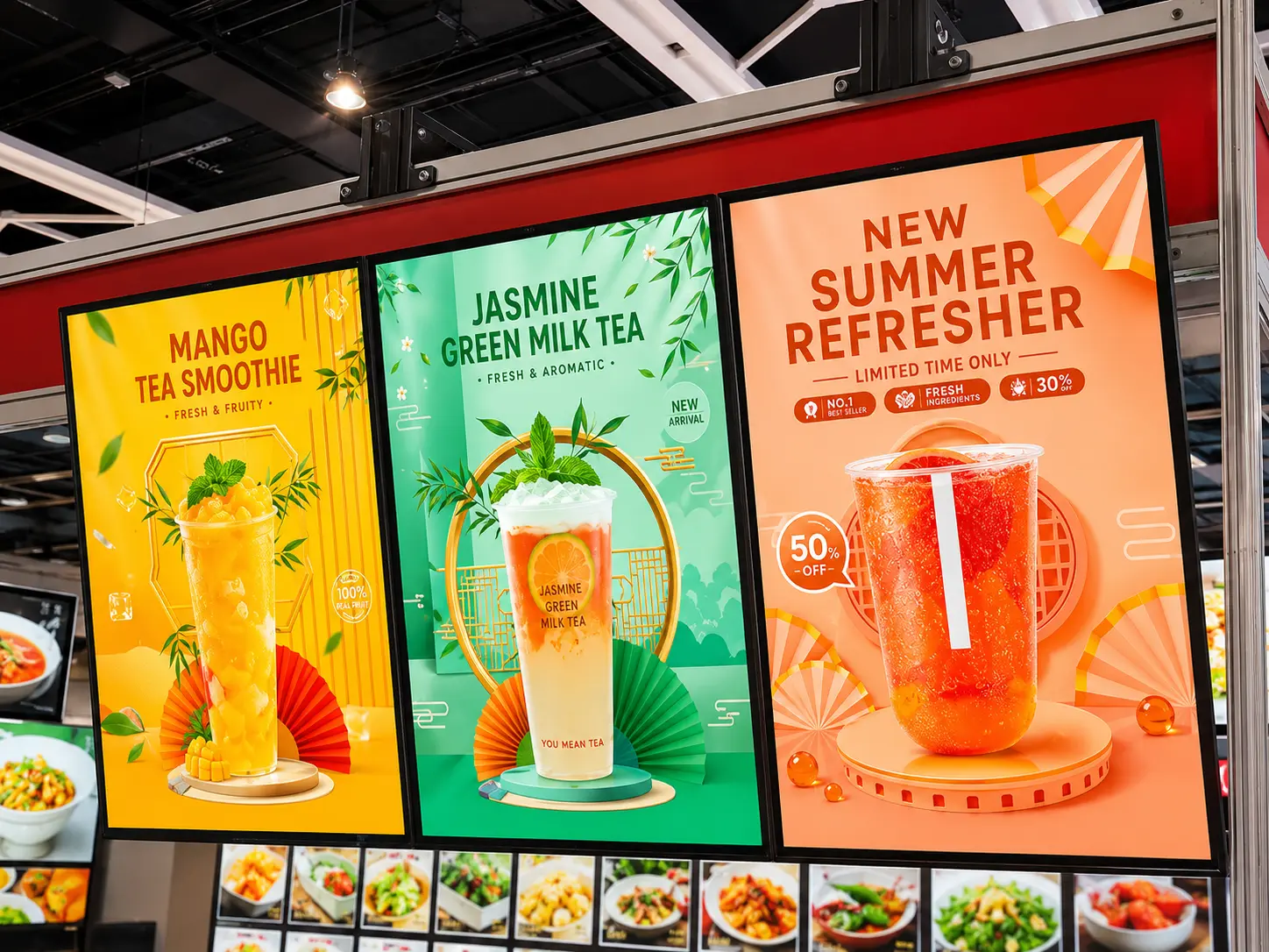 Three illuminated LED menu lightboxes displaying beverage promotions