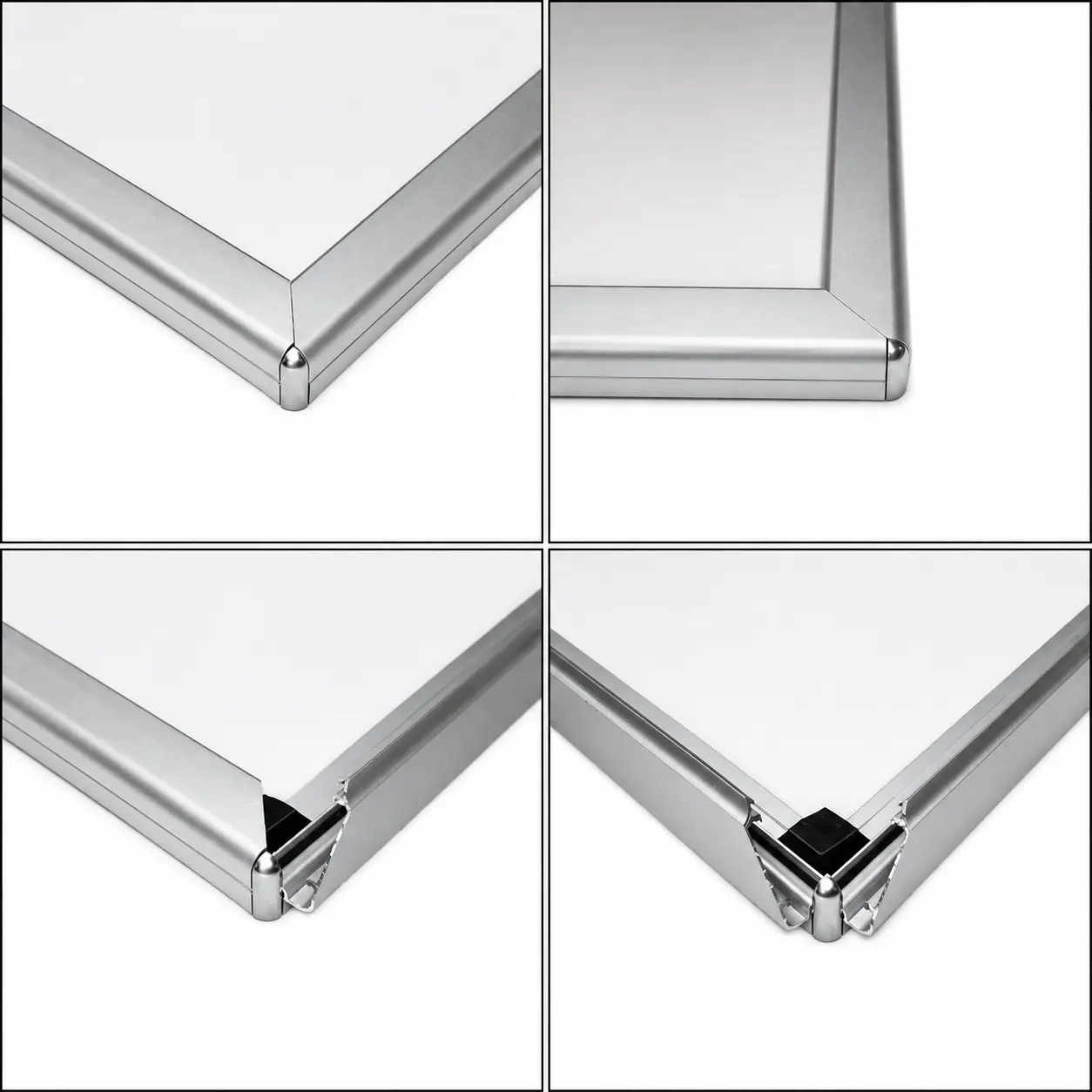 Silver LED snap frame showing open and closed corner details
