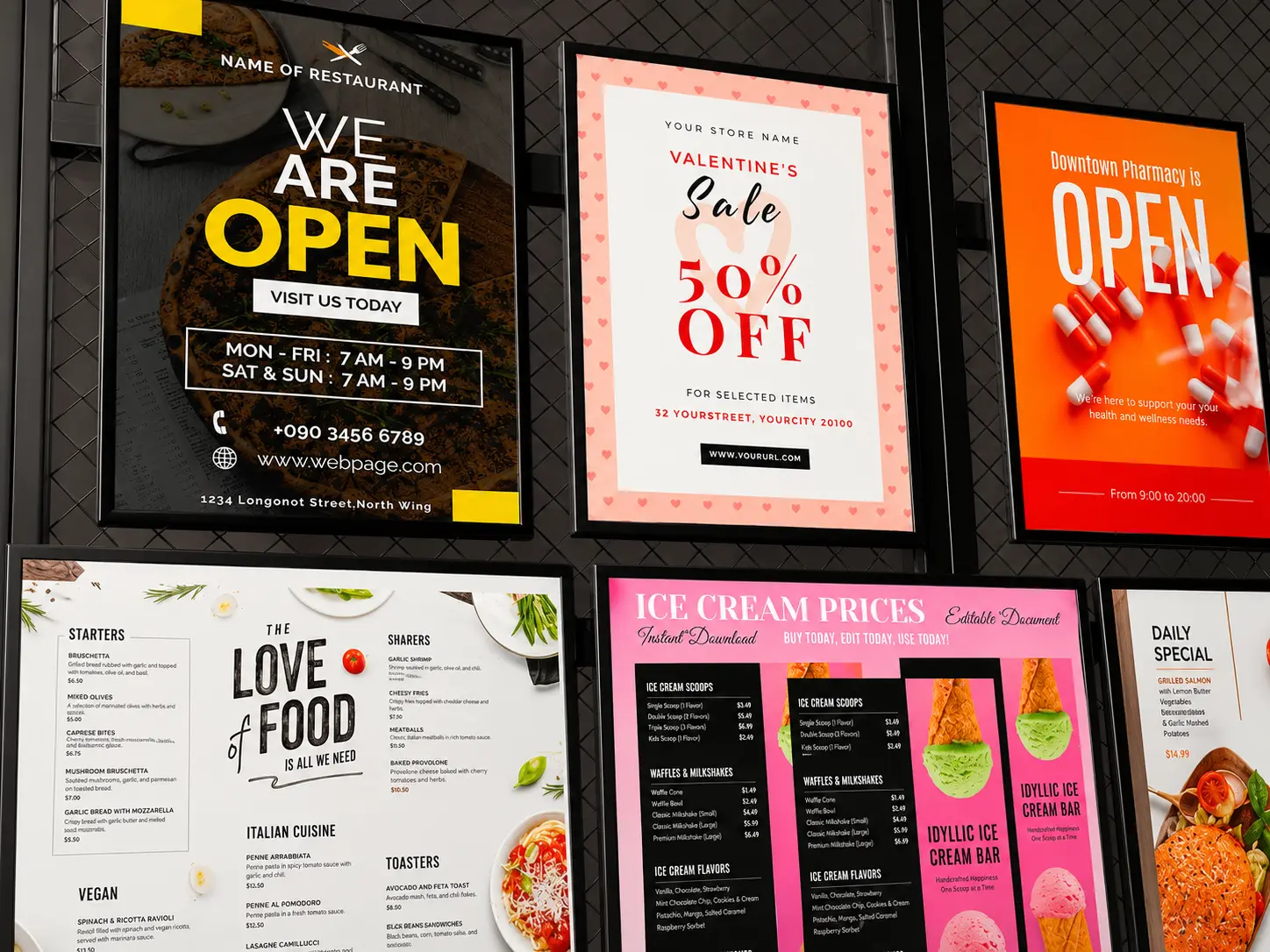 Wall-mounted LED poster frame displays in restaurant and retail applications