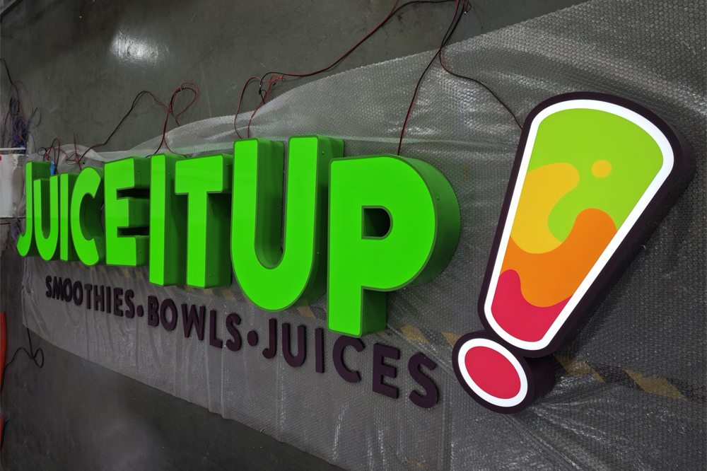 Green Juice It Up front-lit letters with exclamation mark